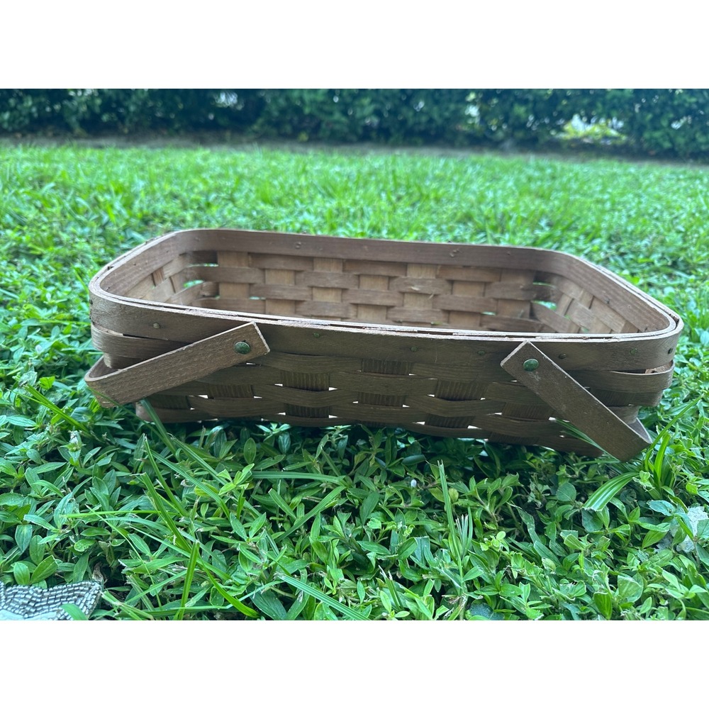Basketville Putney Vermont Vintage Woven Wood Rectangular Basket Swing Handles
